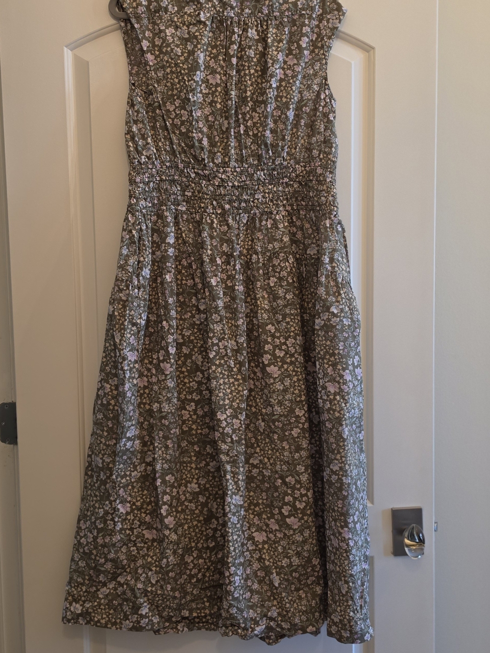 Girls Floral Smocked Waist Dress - Olive with Pink Flowers